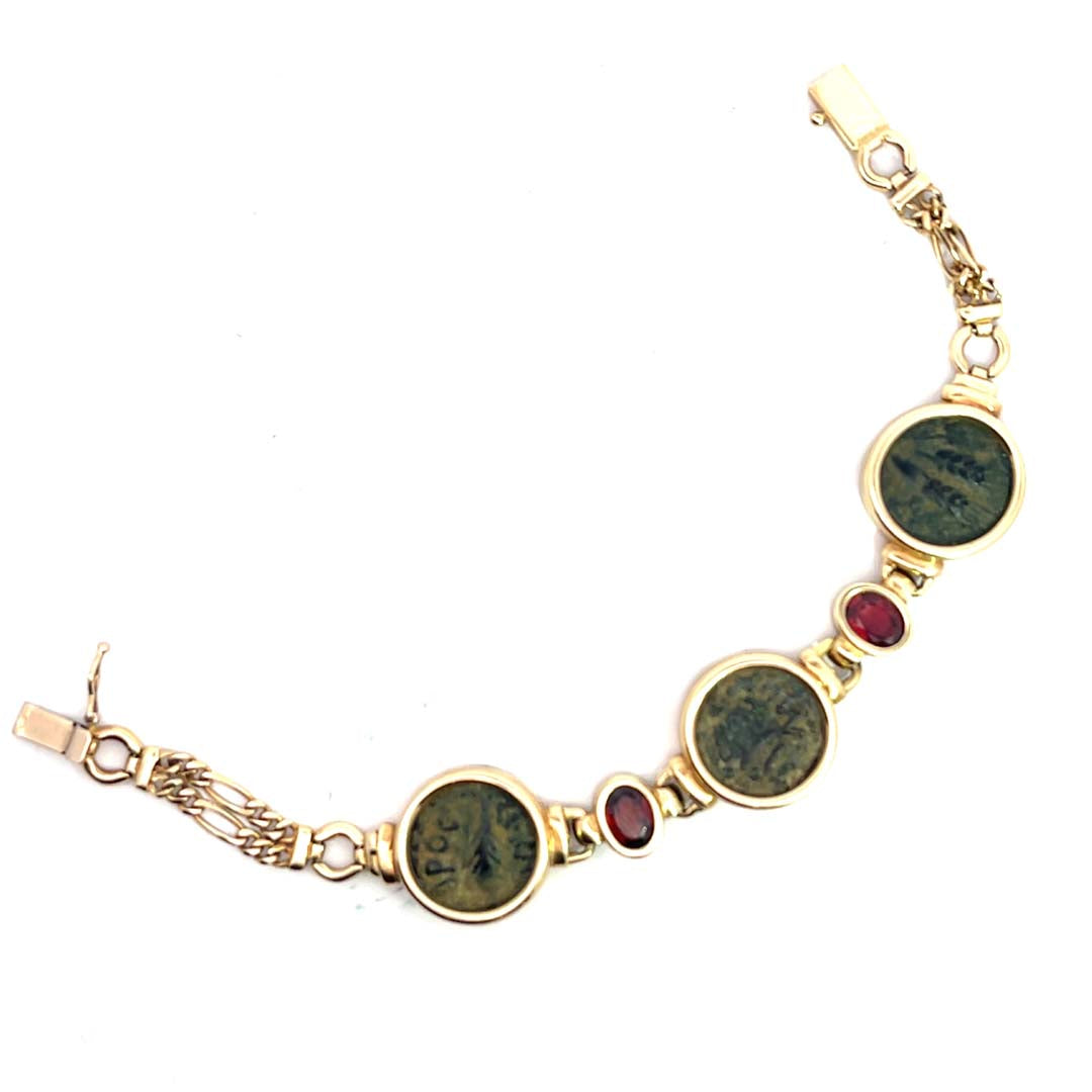 Modern 14KY gold with Ancient Israeli coins and garnet link bracelet