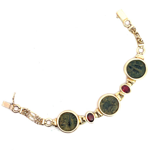 Modern 14KY gold with Ancient Israeli coins and garnet link bracelet