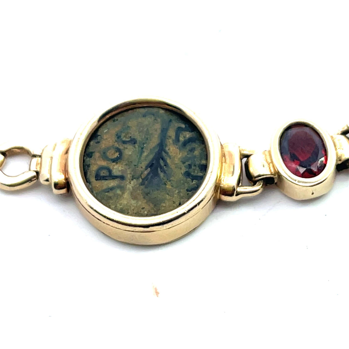Modern 14KY gold with Ancient Israeli coins and garnet link bracelet