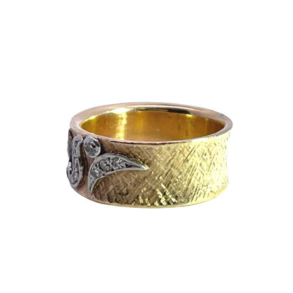 Mid Century Modern 14KY and white gold and natural white diamond cigar band ring