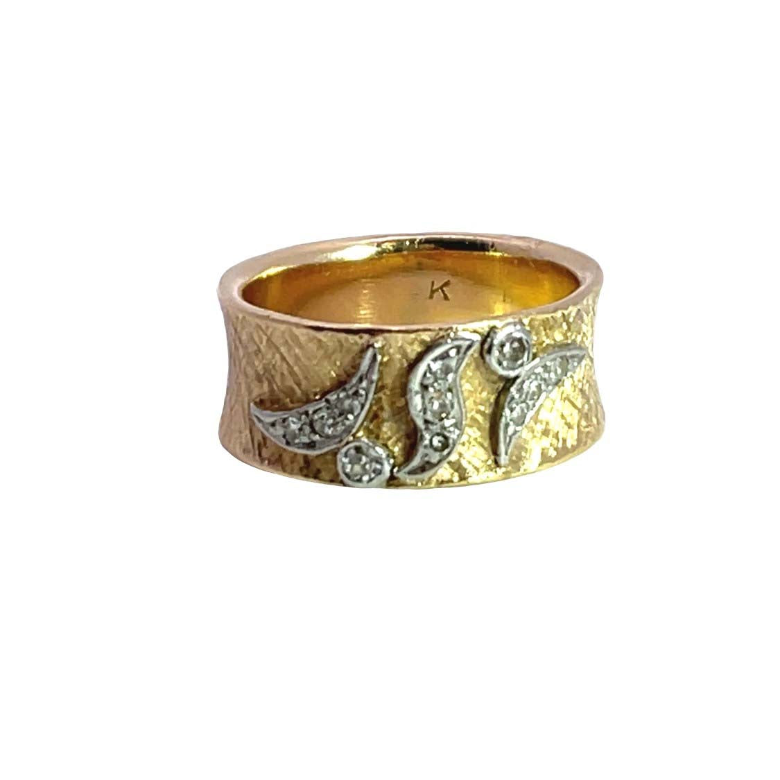 Mid Century Modern 14KY and white gold and natural white diamond cigar band ring