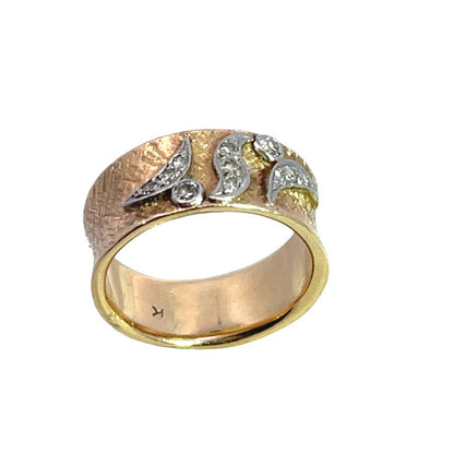Mid Century Modern 14KY and white gold and natural white diamond cigar band ring