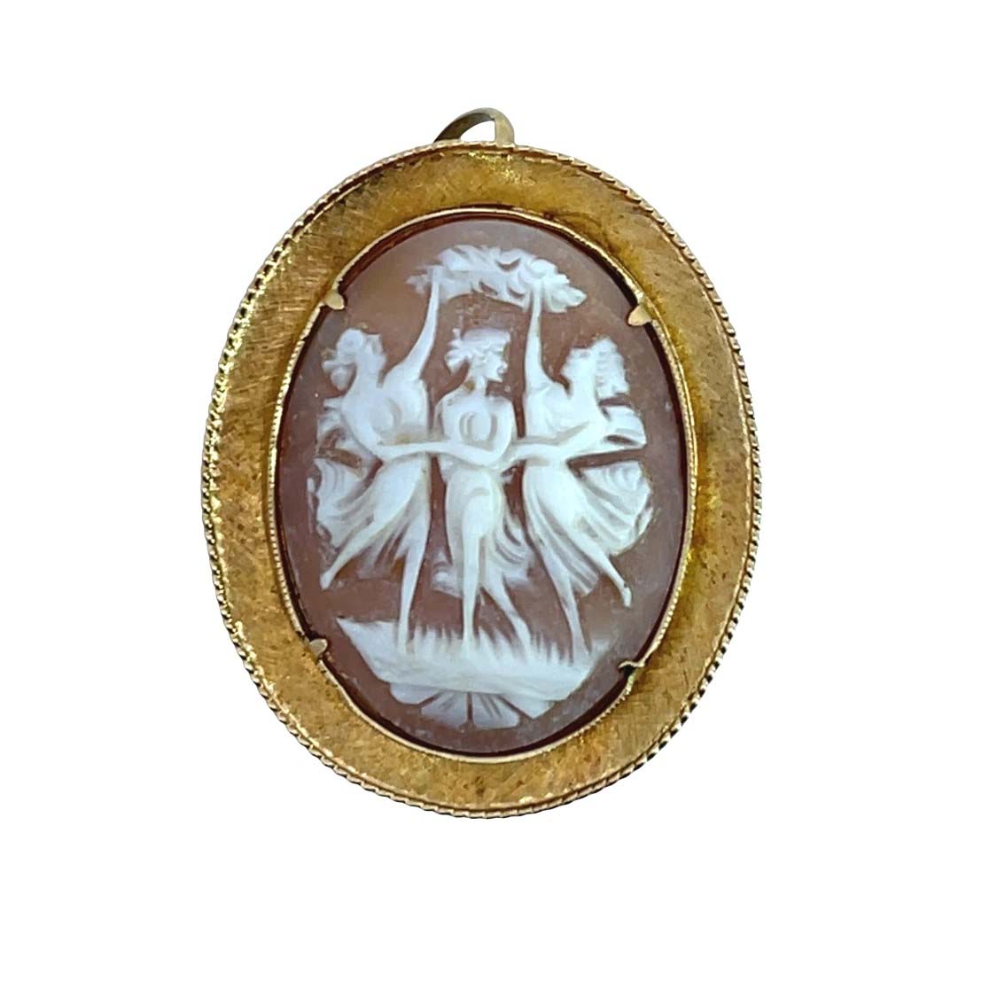 Victorian 18KY gold Shell cameo '3 Graces' convertible pendant and brooch