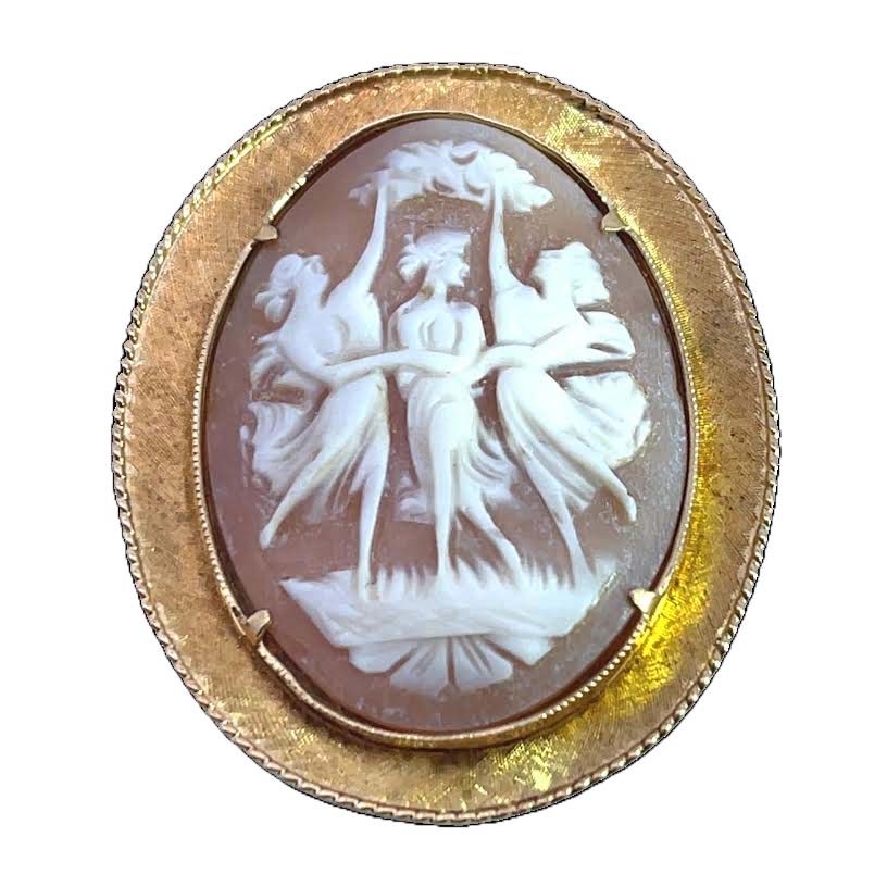 Victorian 18KY gold Shell cameo '3 Graces' convertible pendant and brooch