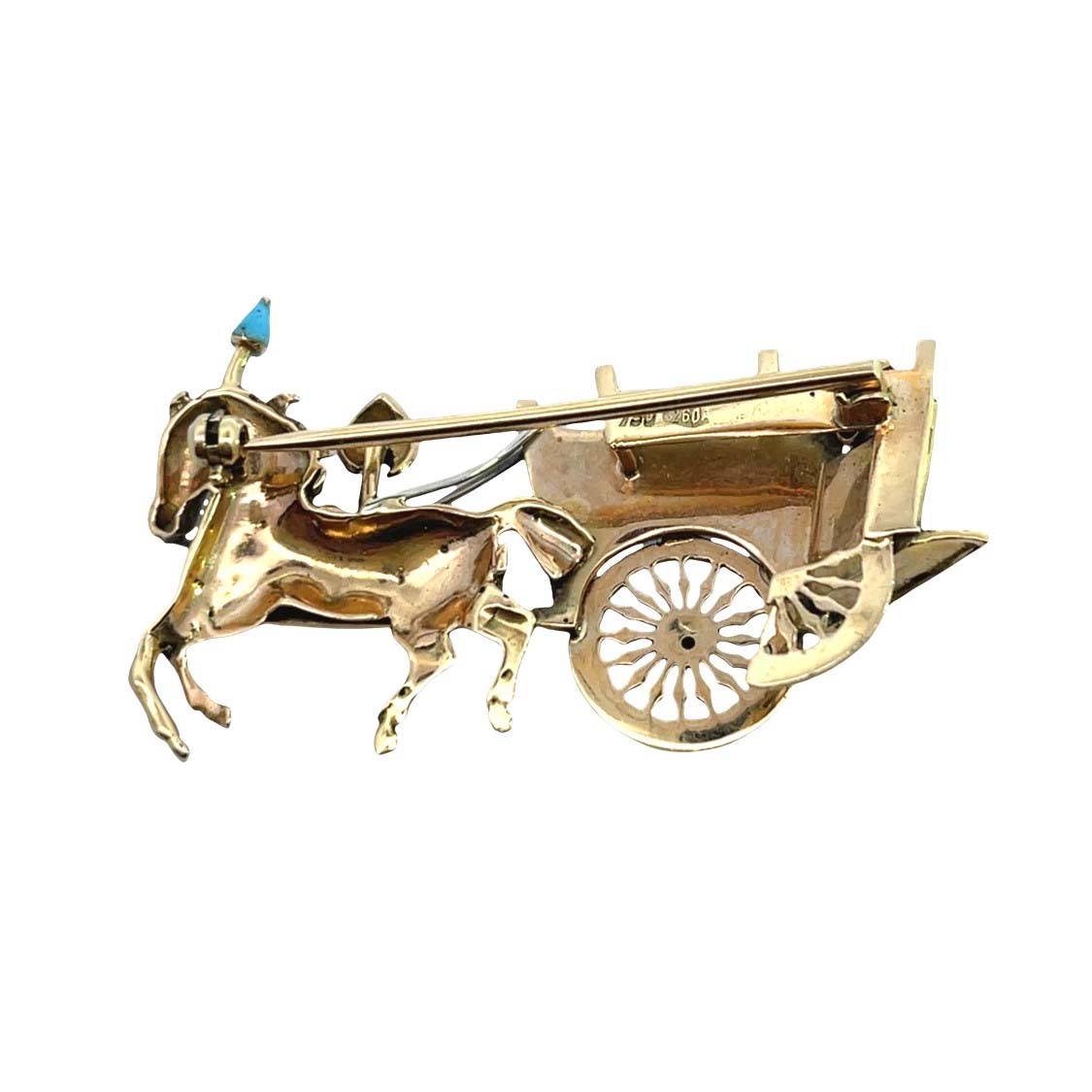 Victorian 18KY gold enamel, applique, and ruby horse drawn flower cart brooch