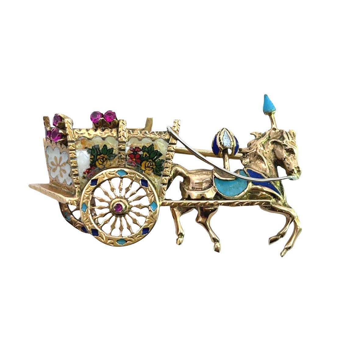 Victorian 18KY gold enamel, applique, and ruby horse drawn flower cart brooch