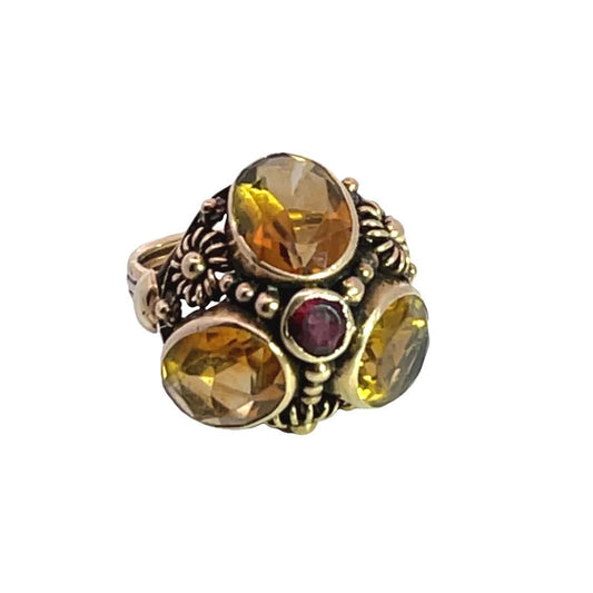 Etruscan Revival 14KY gold, citrine and ruby ring