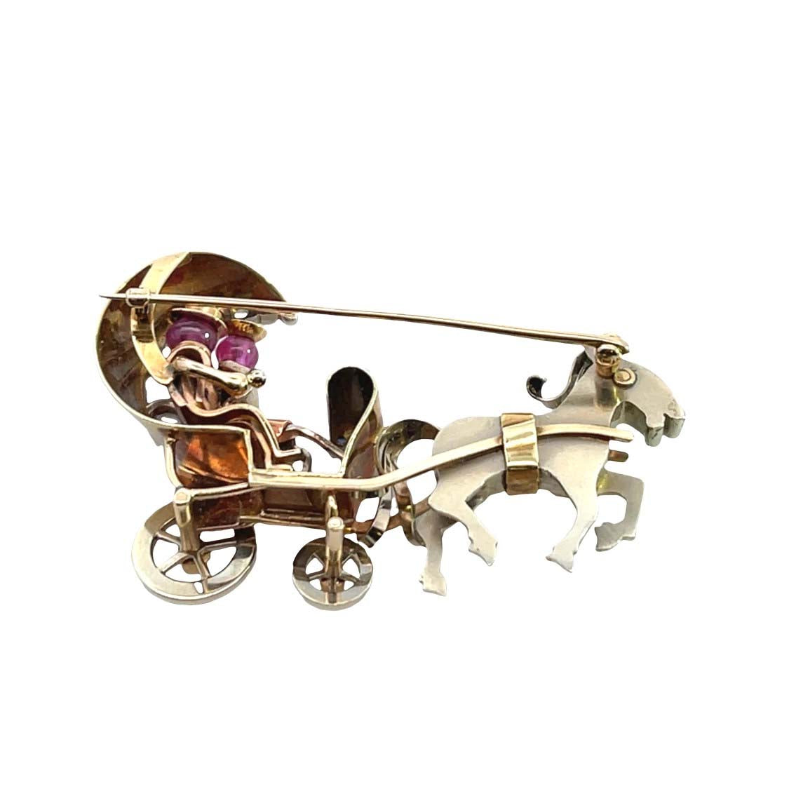 Mid Century Modern 18KYellow and white gold with moonstones, sapphires and rubies, carriage brooch