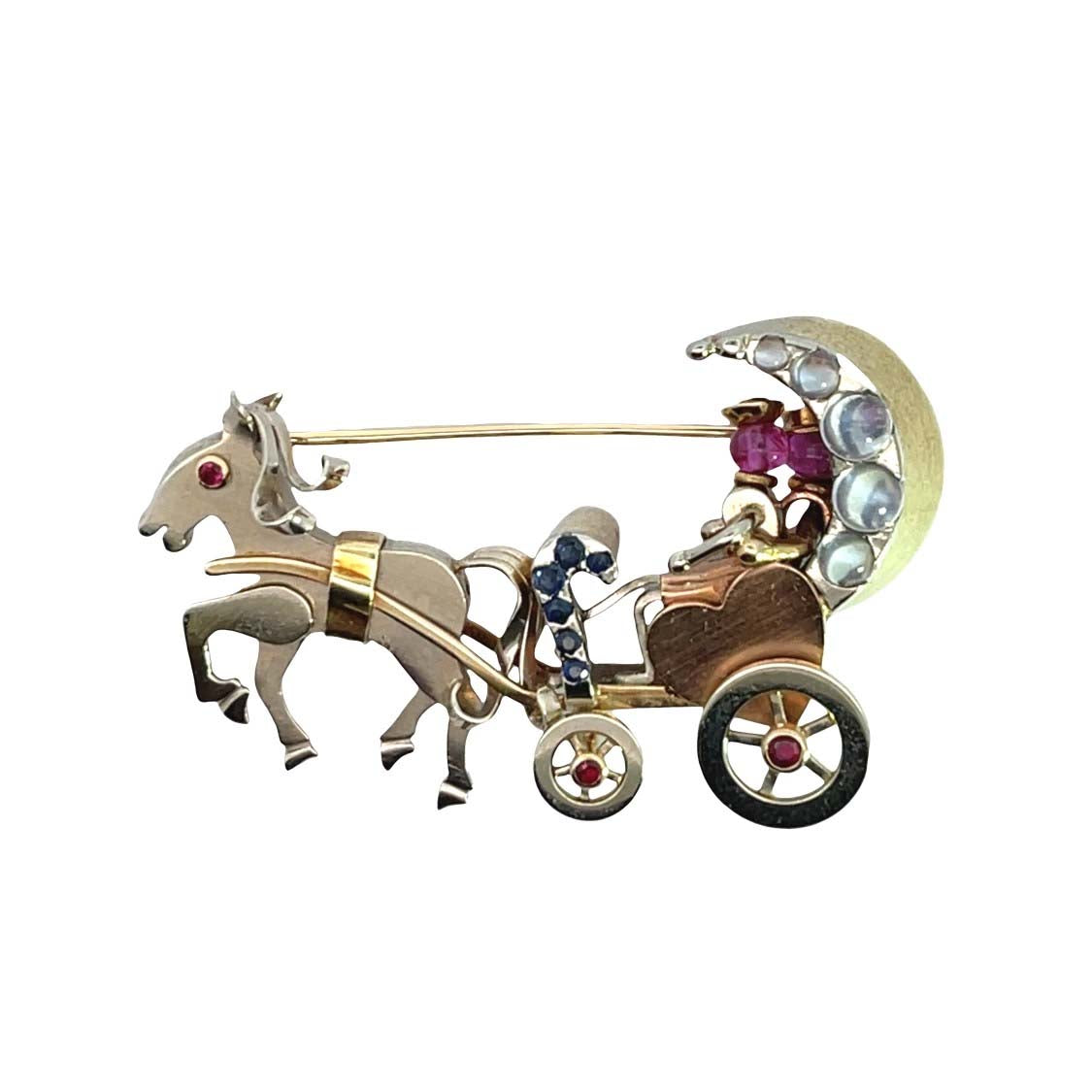 Mid Century Modern 18KYellow and white gold with moonstones, sapphires and rubies, carriage brooch
