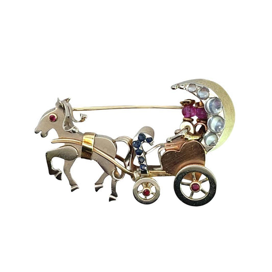Mid Century Modern 18KYellow and white gold with moonstones, sapphires and rubies, carriage brooch