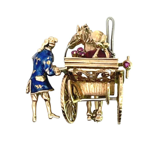 Victorian 18KY and white gold enamel and ruby horse carriage brooch
