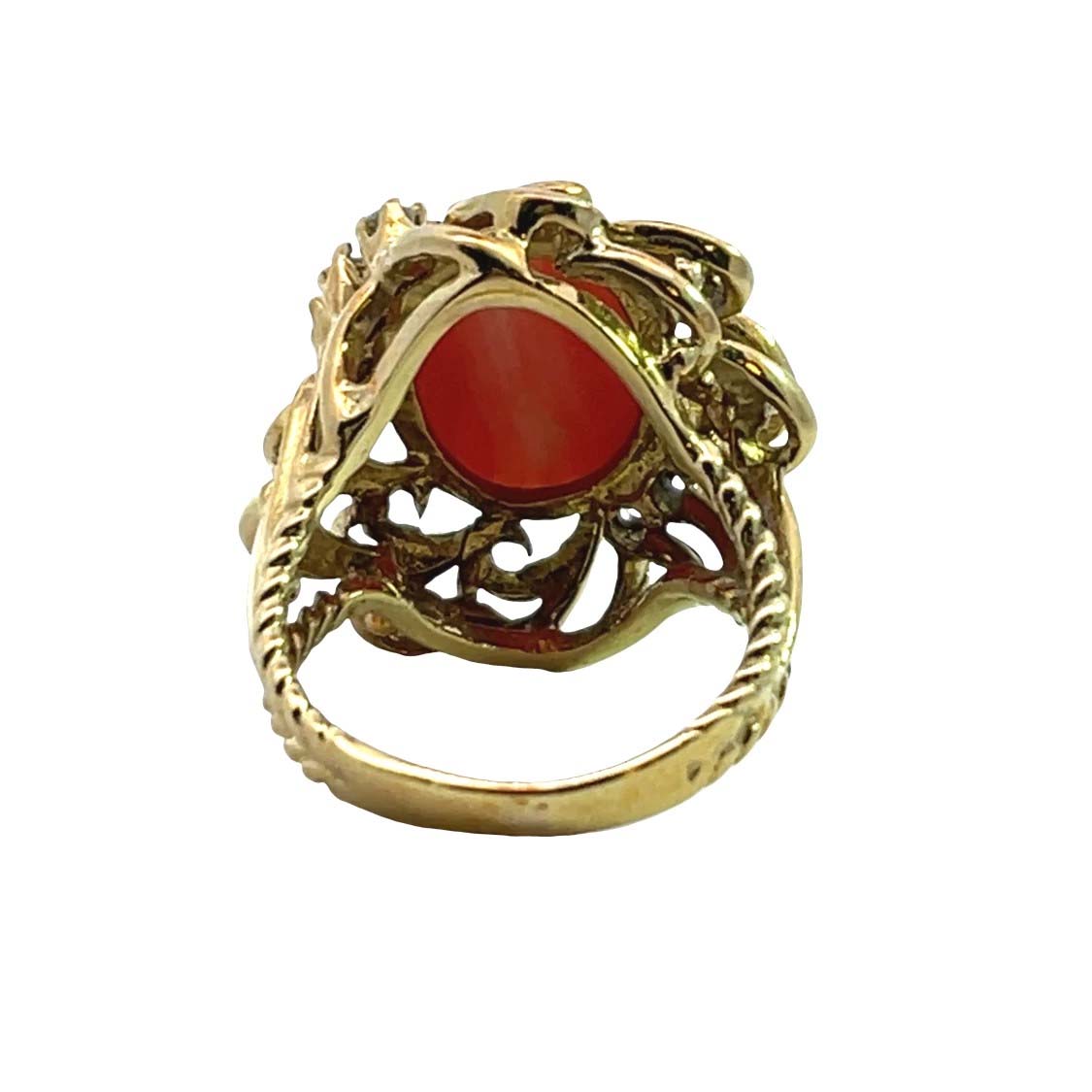 Mid century modern 18KY gold, coral and diamond ring