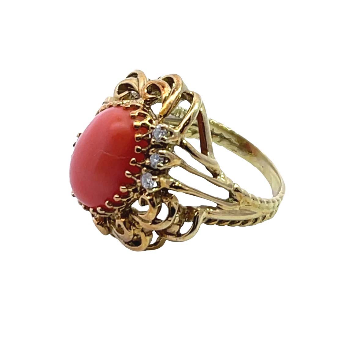 Mid century modern 18KY gold, coral and diamond ring