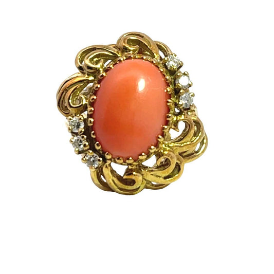 Mid century modern 18KY gold, coral and diamond ring