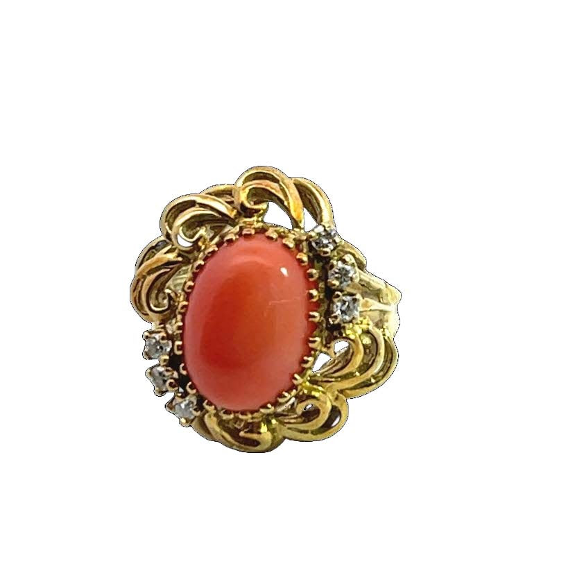 Mid century modern 18KY gold, coral and diamond ring