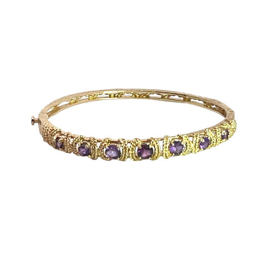 Modern 14KY gold and amethyst filigree bangle cuff bracelet