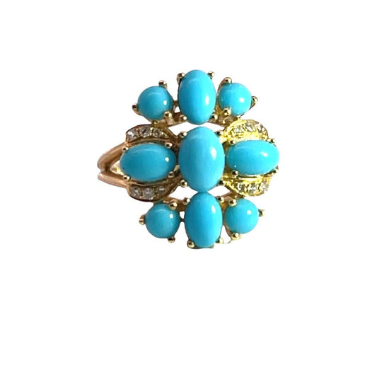 Modern 14KY gold, turquoise and natural diamond cocktail ring
