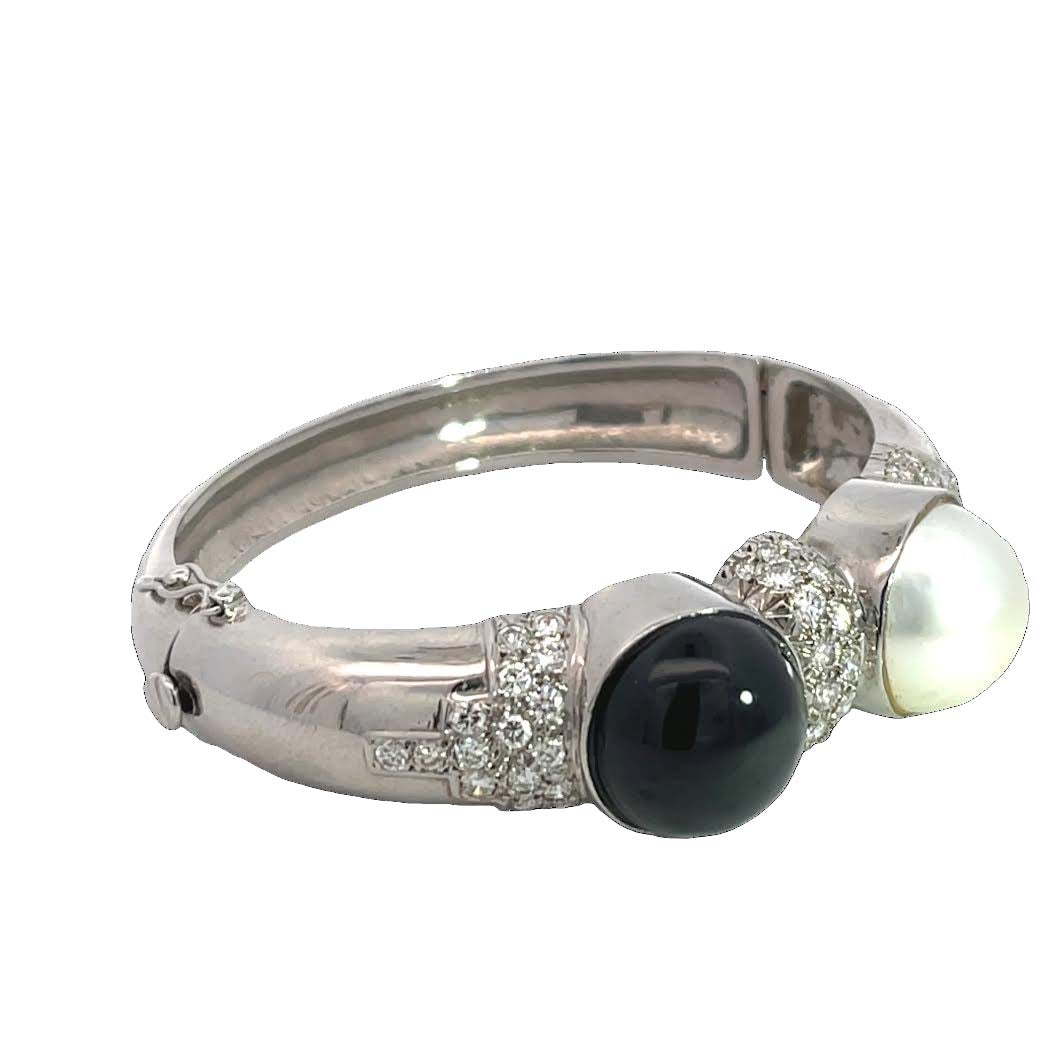 Modern 18K white gold, diamond pave, Mabe pearl and black onyx hinged cuff bracelet