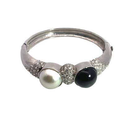 Modern 18K white gold, diamond pave, Mabe pearl and black onyx hinged cuff bracelet