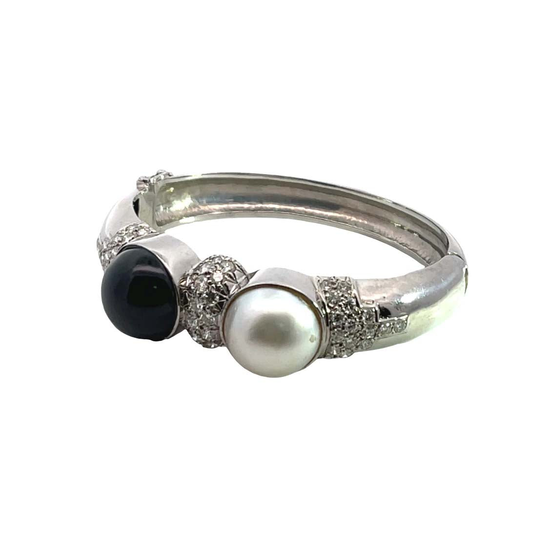 Modern 18K white gold, diamond pave, Mabe pearl and black onyx hinged cuff bracelet