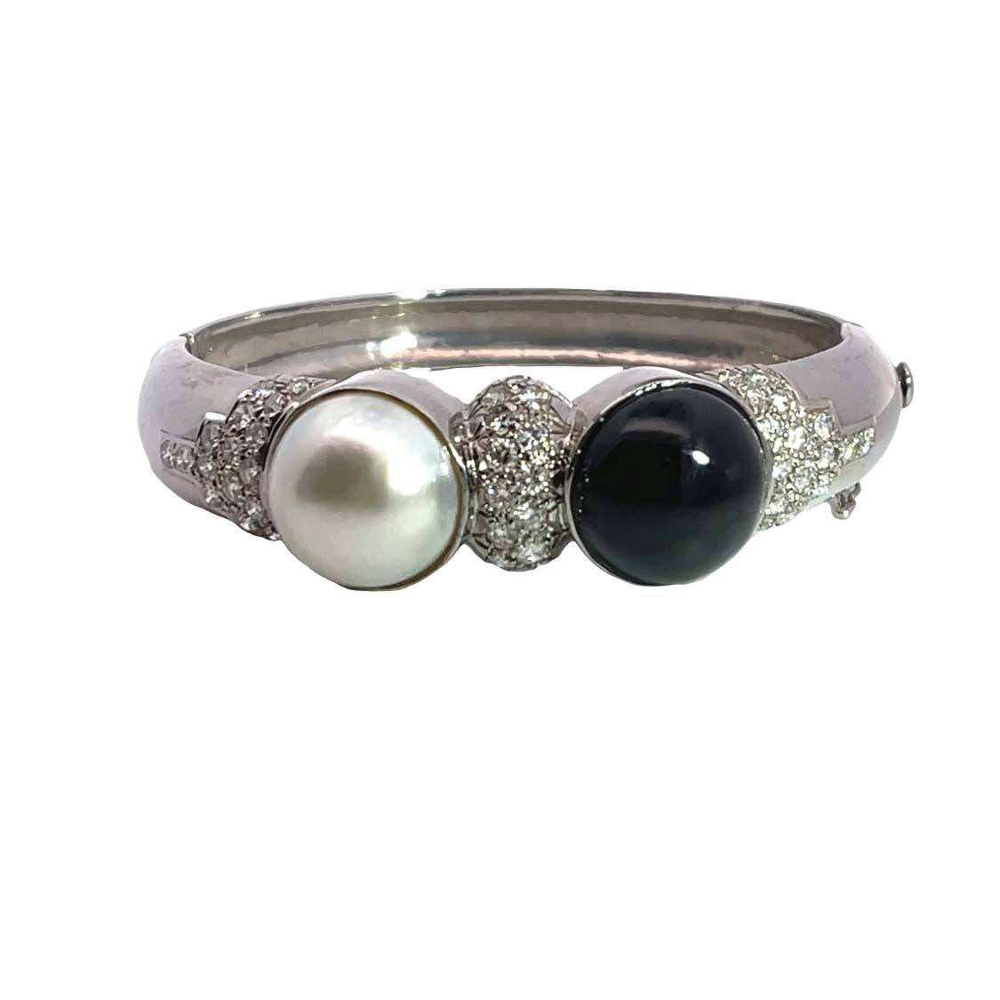 Modern 18K white gold, diamond pave, Mabe pearl and black onyx hinged cuff bracelet