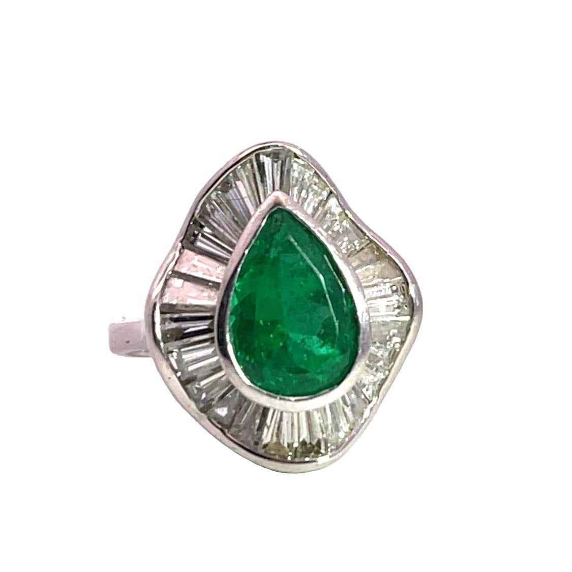 Mid Century Modern 18K white gold, Colombian emerald and baguette diamond cocktail ring