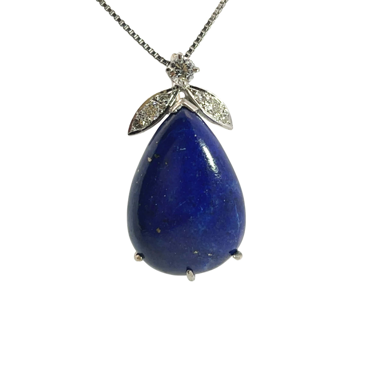 Modern 14KWhite gold, lapis and diamond pendant
