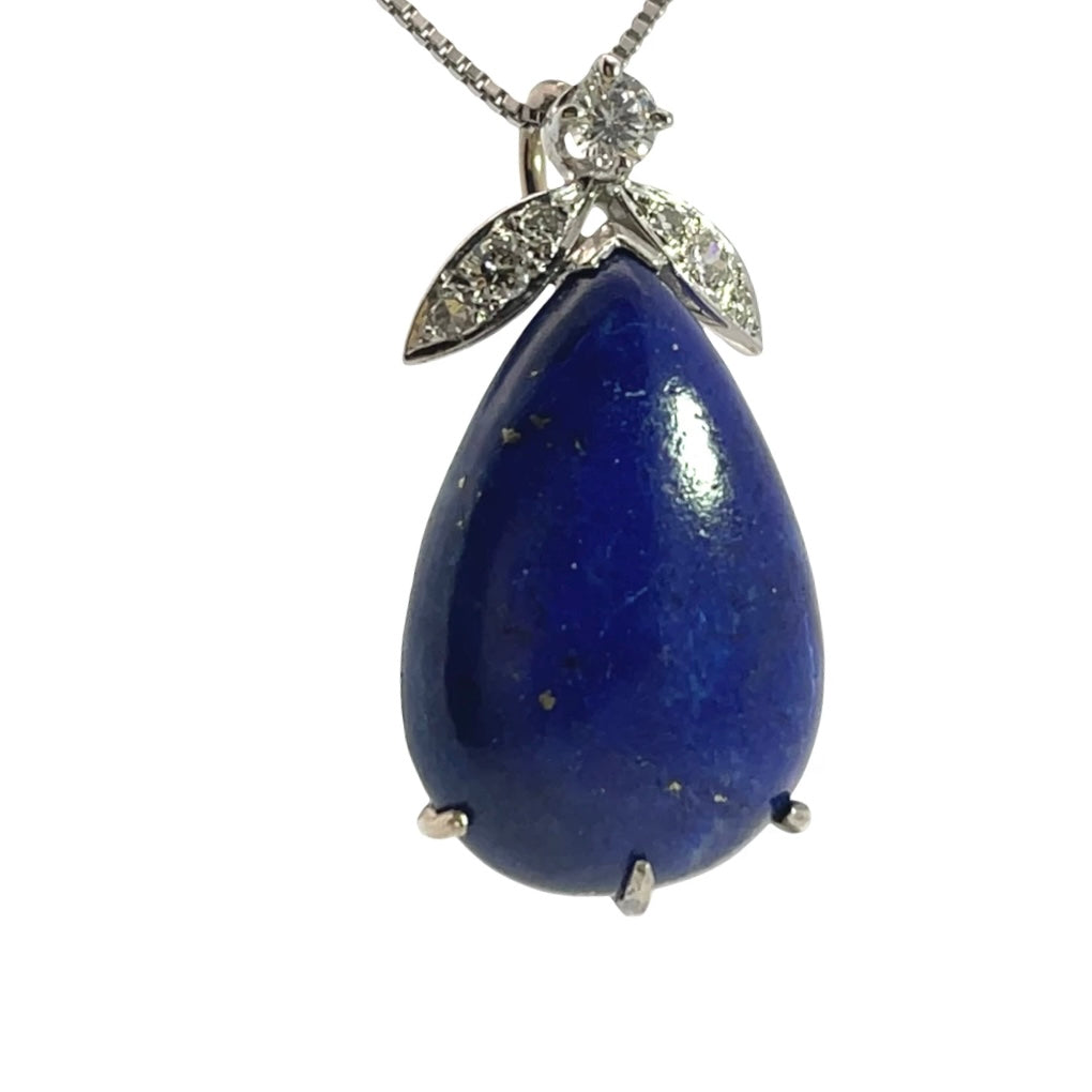 Modern 14KWhite gold, lapis and diamond pendant