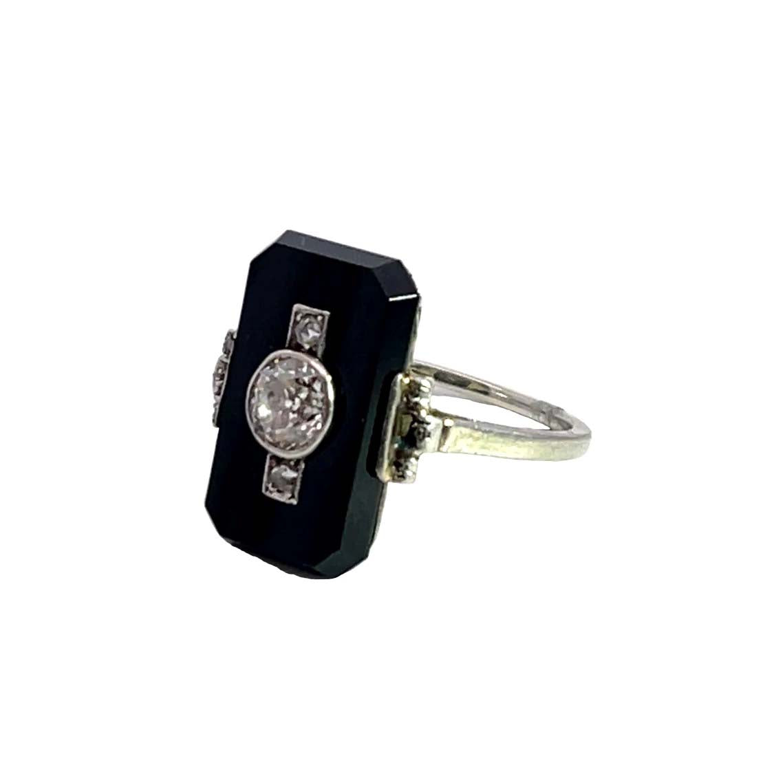 Art Deco 14K white gold, onyx and Old European Cut diamond ring