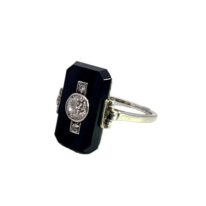 Art Deco 14K white gold, onyx and Old European Cut diamond ring
