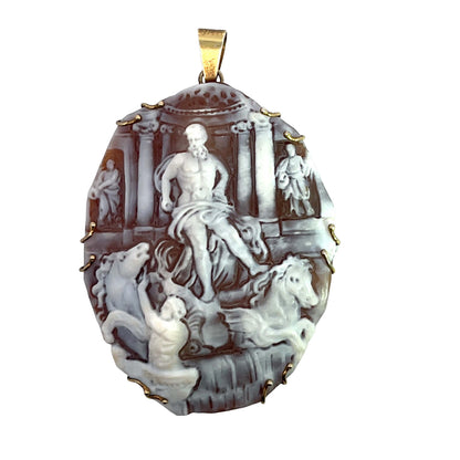 Victorian 10KY gold carved shell cameo of Trevi Fountain in Rome
