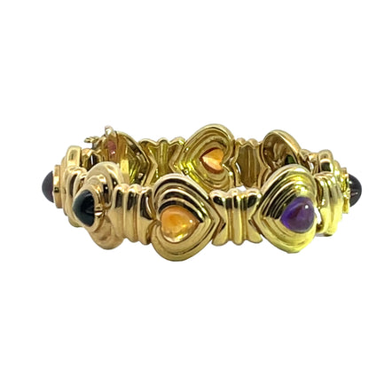 Modern 18KY gold pink, green tourmaline, citrine and amethyst heart link bracelet