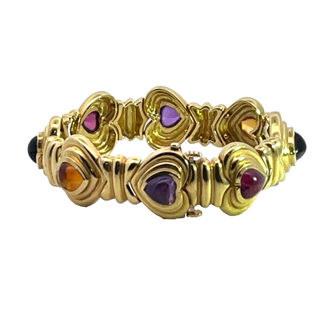 Modern 18KY gold pink, green tourmaline, citrine and amethyst heart link bracelet