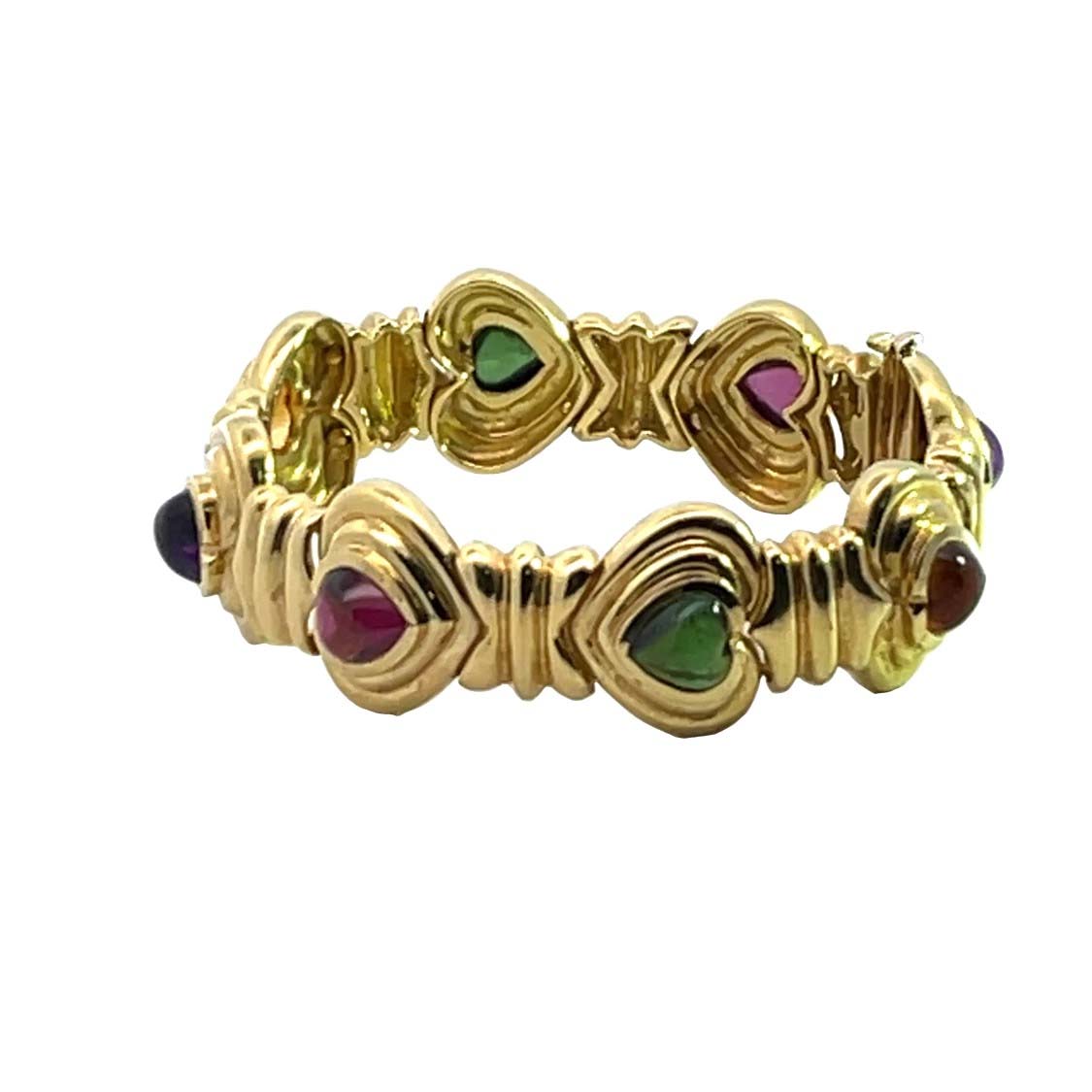 Modern 18KY gold pink, green tourmaline, citrine and amethyst heart link bracelet