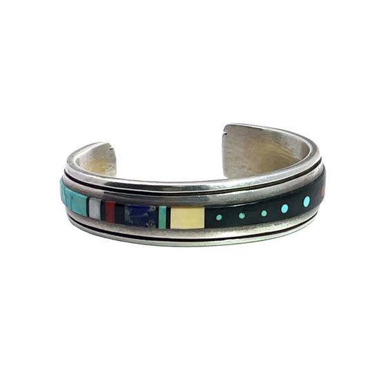 Native American Sterling silver, turquoise, coral, malachite, mother of pearl and jet inlay Jesse Monongya  cuff bracelet