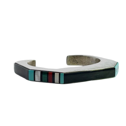 Native American sterling silver turquoise, coral, malachite, jet and mother of pearl Jesse Monongya cuff inlay bracelet