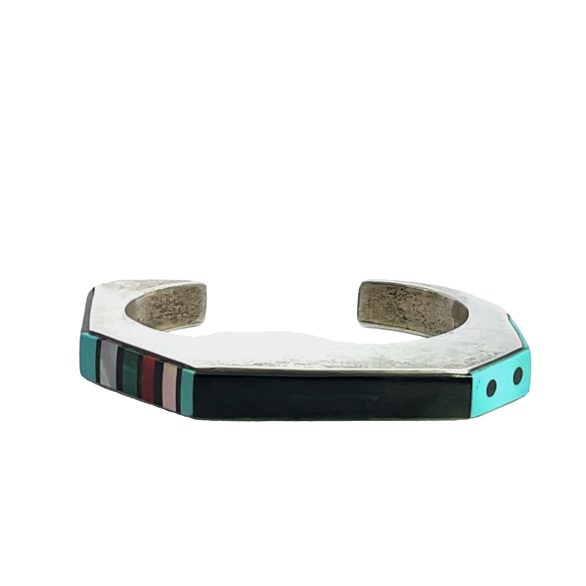 Native American sterling silver turquoise, coral, malachite, jet and mother of pearl Jesse Monongya cuff inlay bracelet