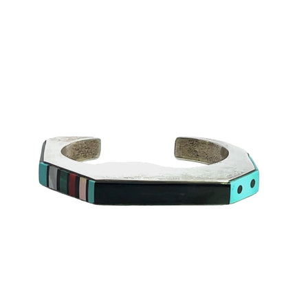 Native American sterling silver turquoise, coral, malachite, jet and mother of pearl Jesse Monongya cuff inlay bracelet