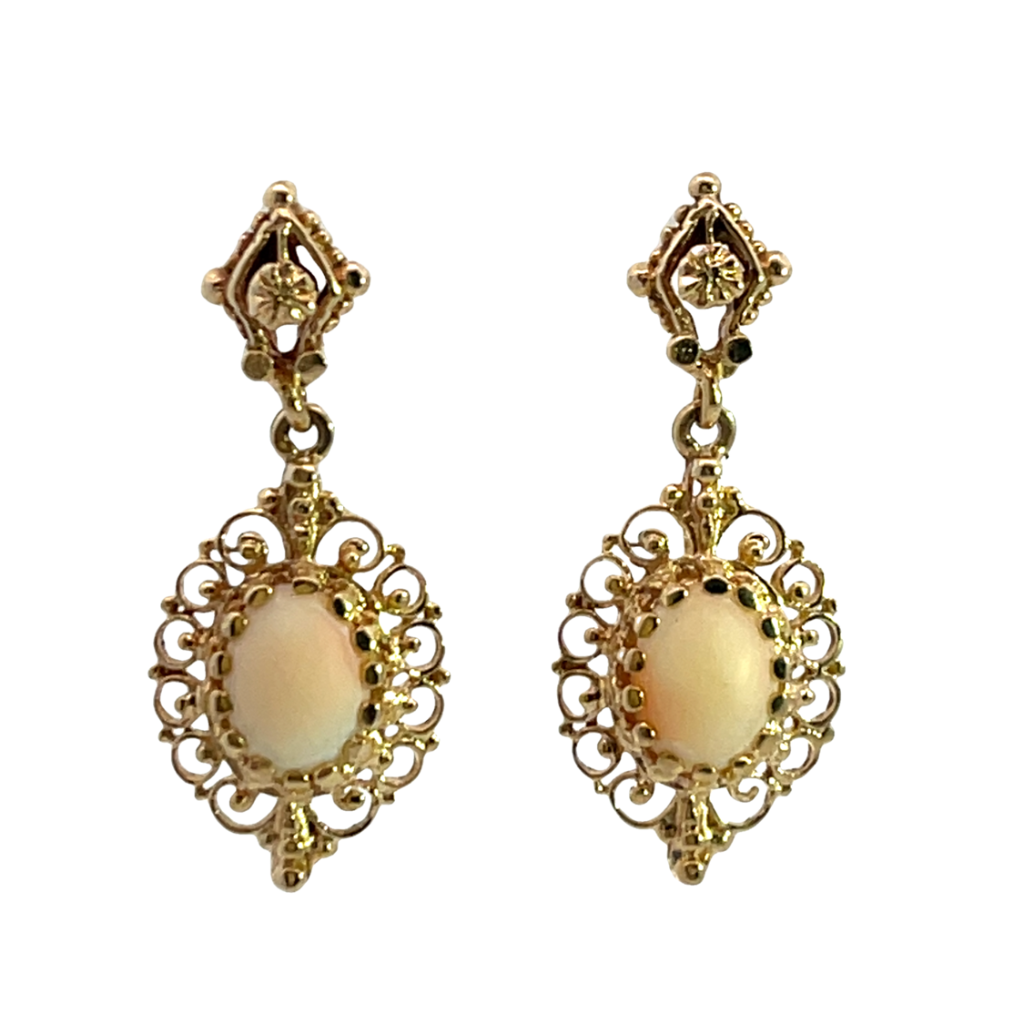 Victorian 14KY gold and angelskin coral filigree drop, post earrings