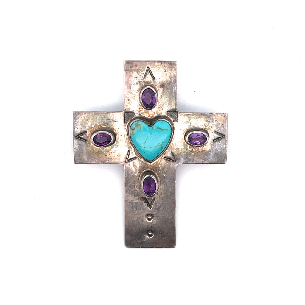 Handcut Amethyst Silver Cross Necklace on sale