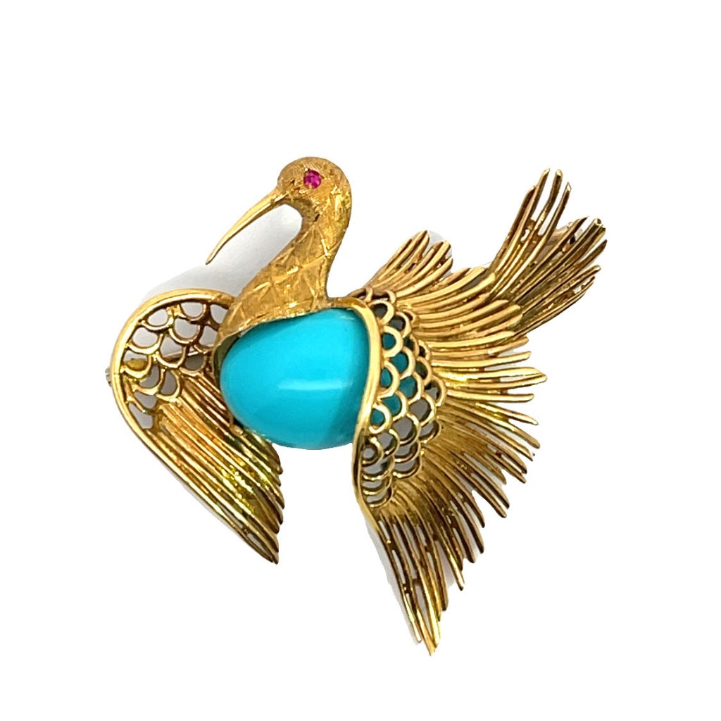 Mid Century Modern !8KY gold, ruby and turquoise brooch – Classic Facets