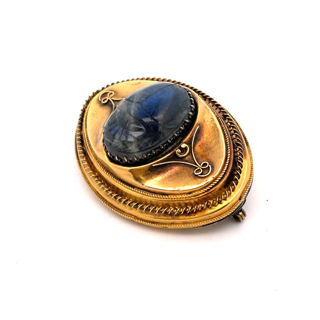 Victorian 15K yellow gold, carved Labradorite scarab Hair Pin